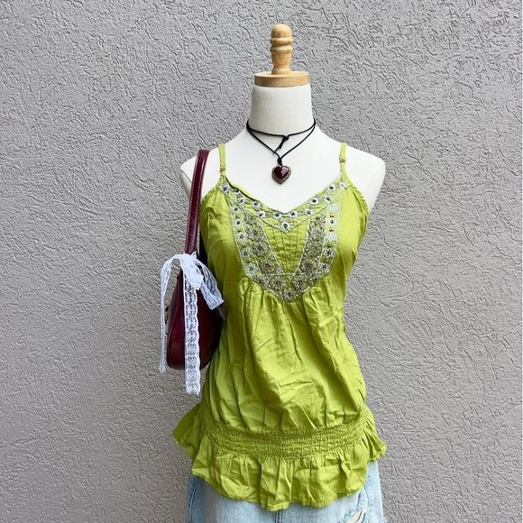 Tops - Vintage Y2K Apt 9 Lime Green Beaded Tank Top Size Large Boho Festival